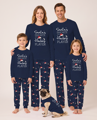 Family Christmas Pajamas, Santa's Favorite Hockey Player PJs — navy, matching family and pet, studio