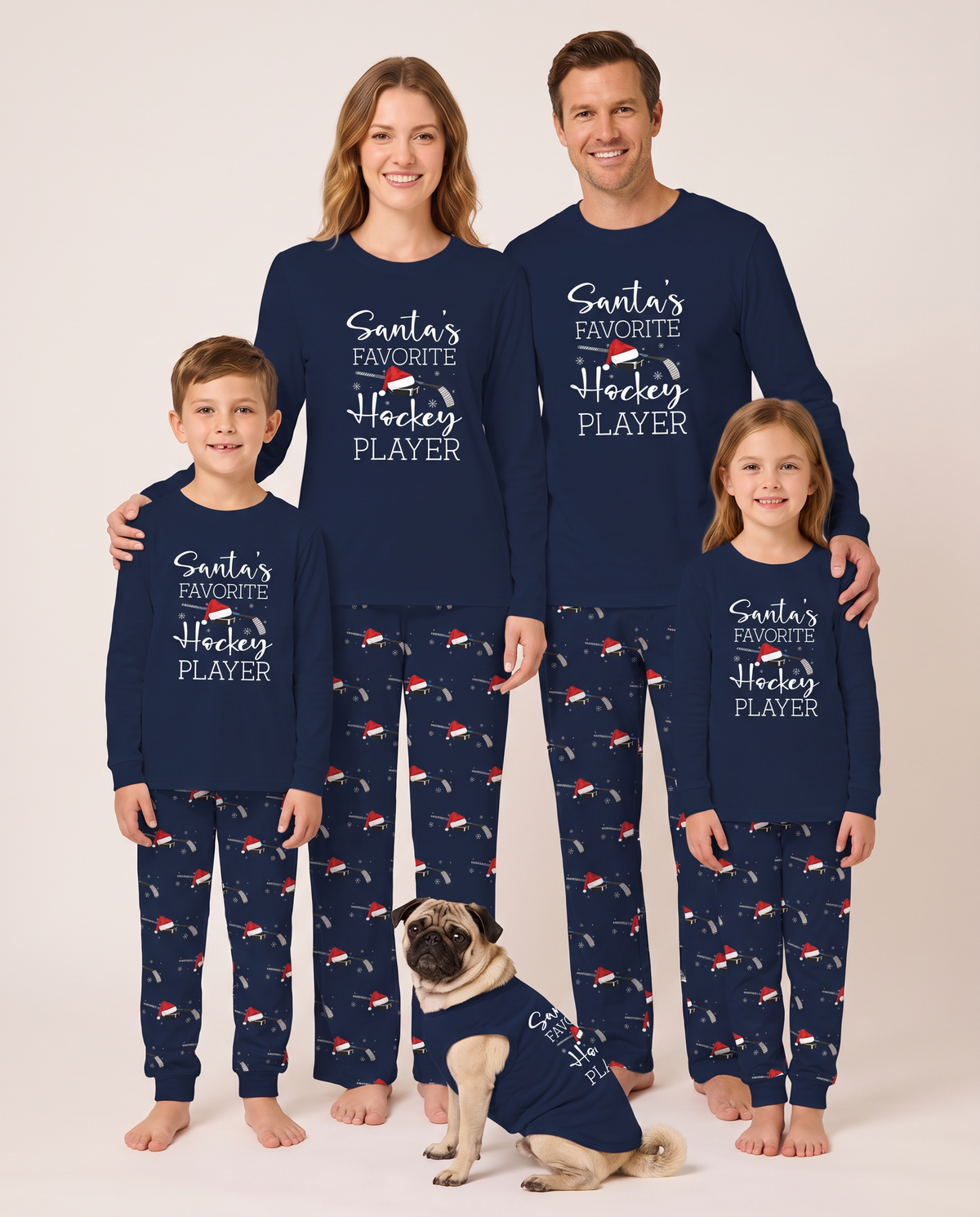 Family Christmas Pajamas, Santa's Favorite Hockey Player PJs — navy, matching family and pet, studio