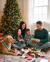 Matching Family Christmas Pajamas, Green Buffalo Plaid — family and dog opening presents on Christmas morning