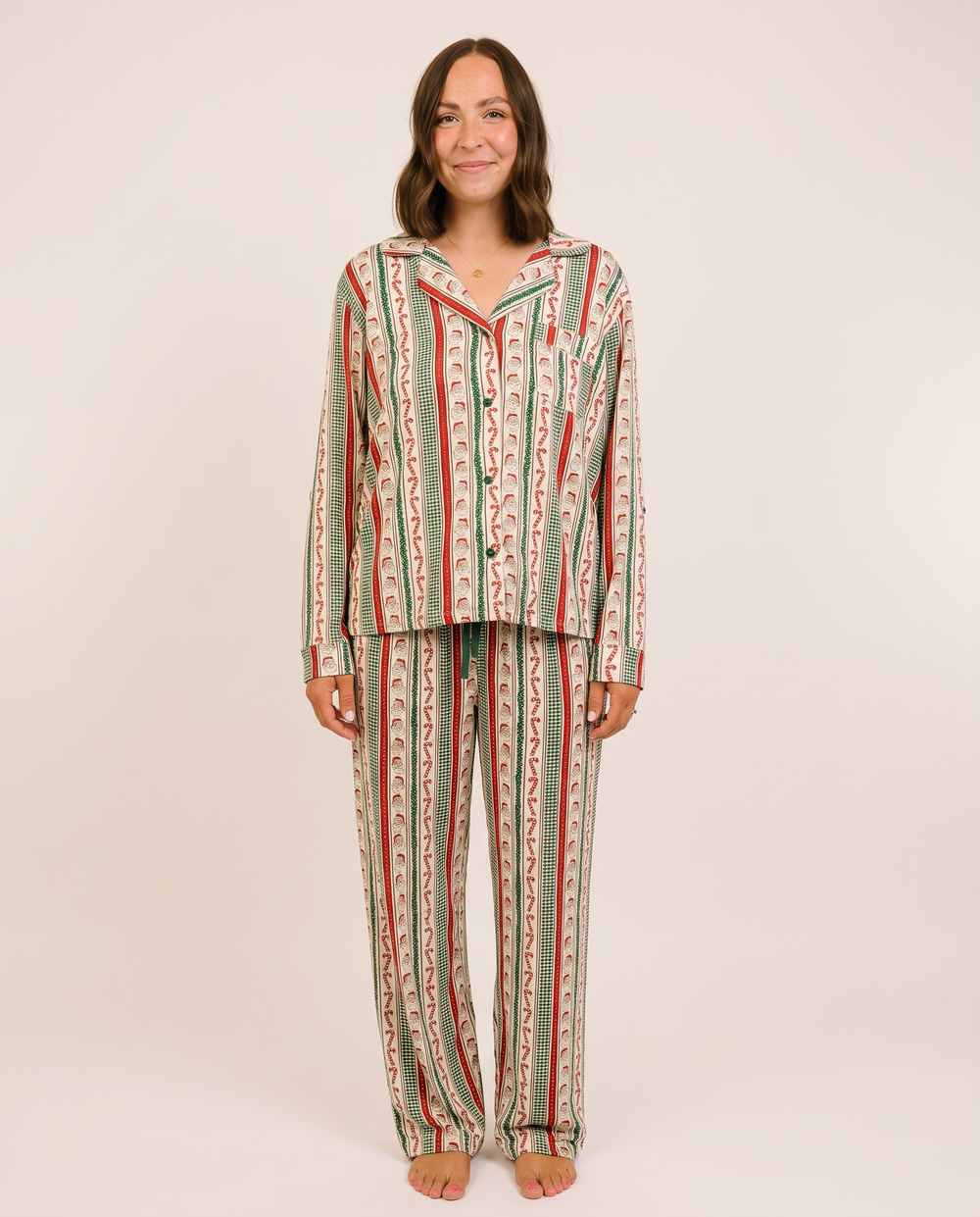 Women's Christmas Pajamas, Santa Stripe Bamboo PJ Set — studio front