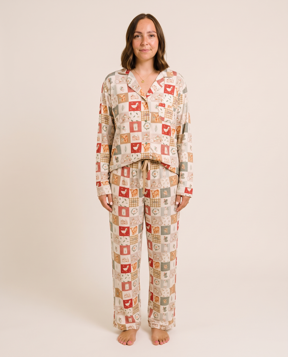 Women's Christmas Pajamas, Farmhouse Patchwork Bamboo PJ Set — studio front