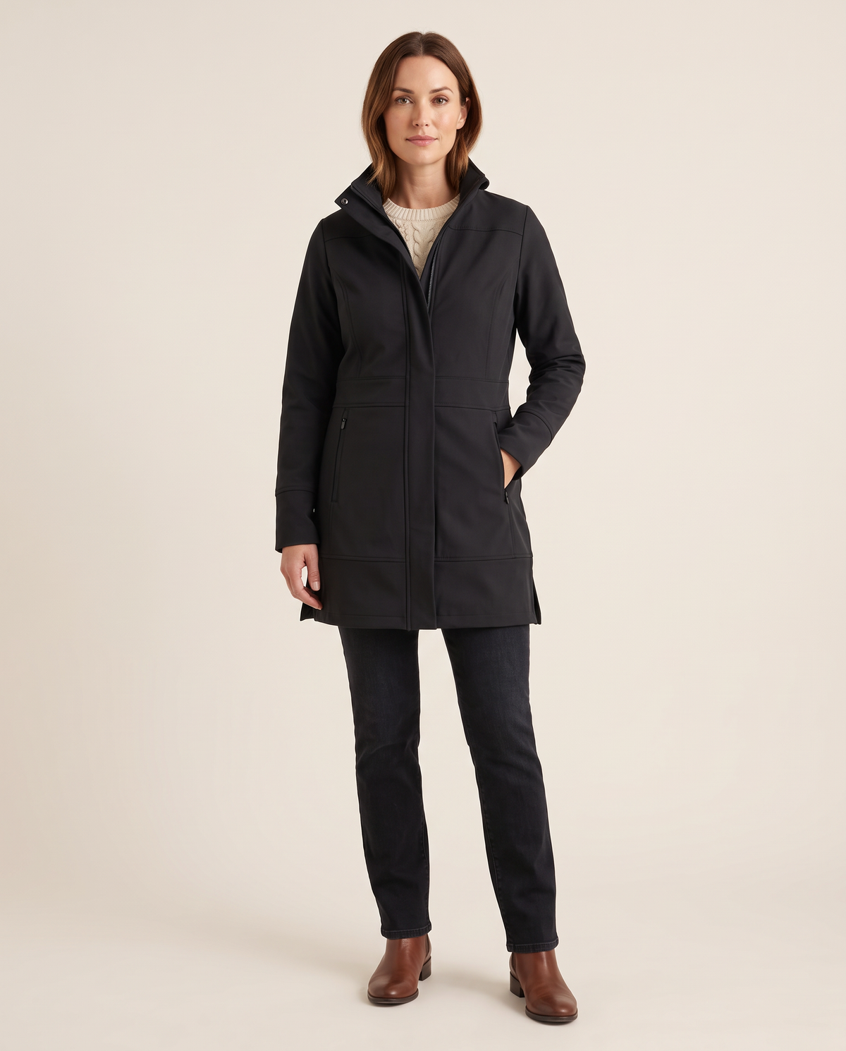 Women's Long Jacket with Detachable Hood — black, studio front