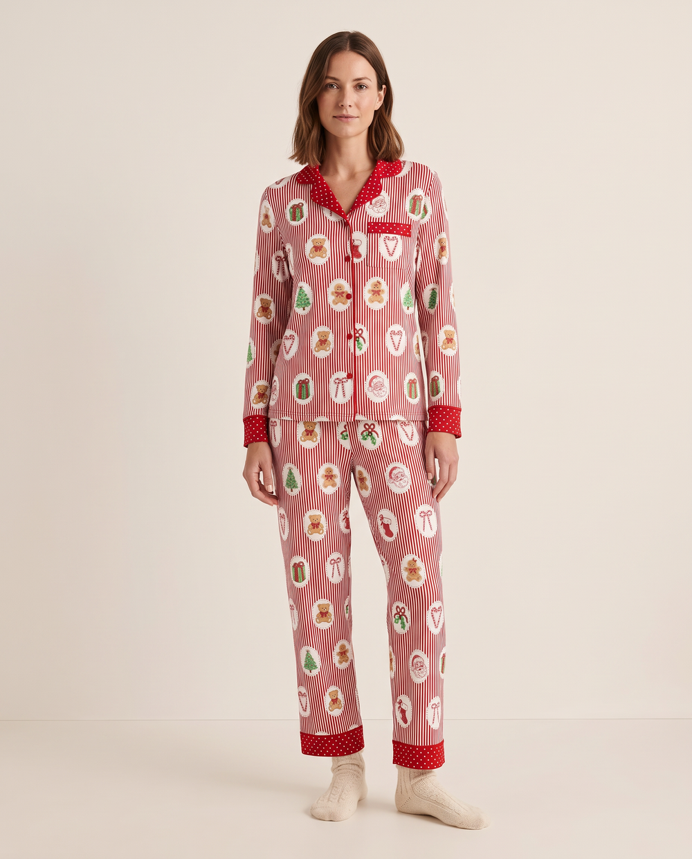Women's Christmas Pajamas, Red Stripe PJ Set with Pockets — studio front