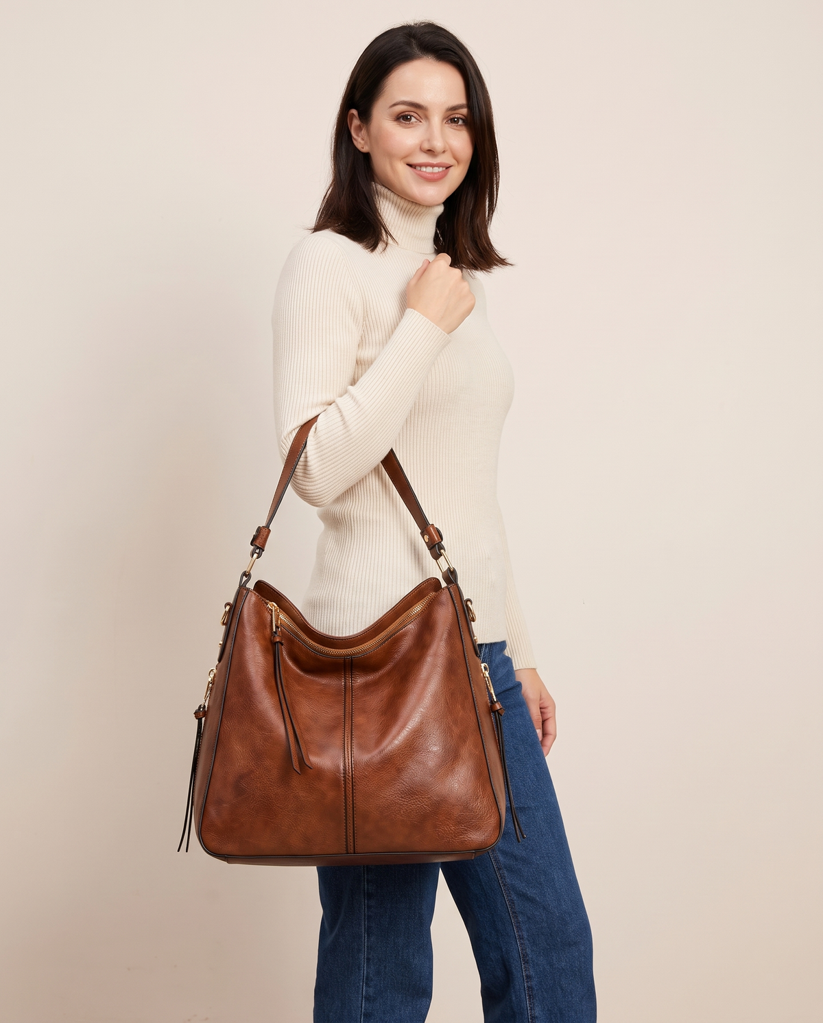 Women's Hobo Bag Purse with Anti-Theft Pocket — dark sienna, studio front, worn on the shoulder