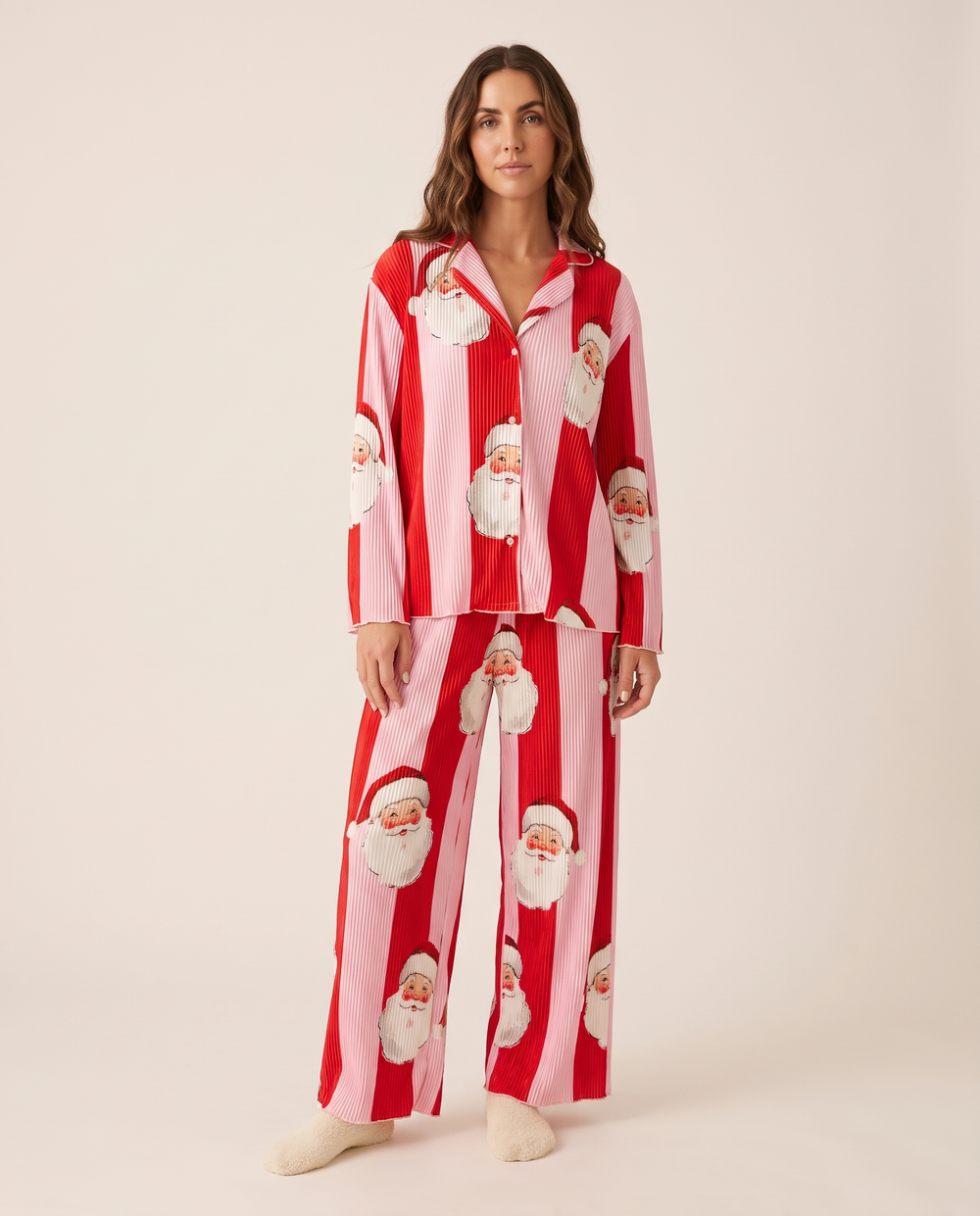 Matching Christmas Pajamas for Women & Kids, Plisse Stripe PJ Set — Santa Stripe, studio front