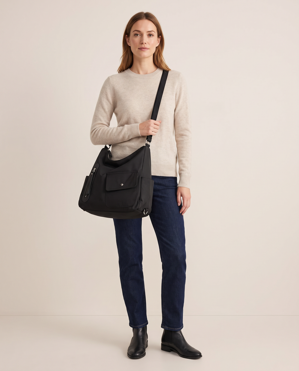 Women's Convertible Shoulder Bag, Crossbody Backpack Purse — black, studio front, worn crossbody