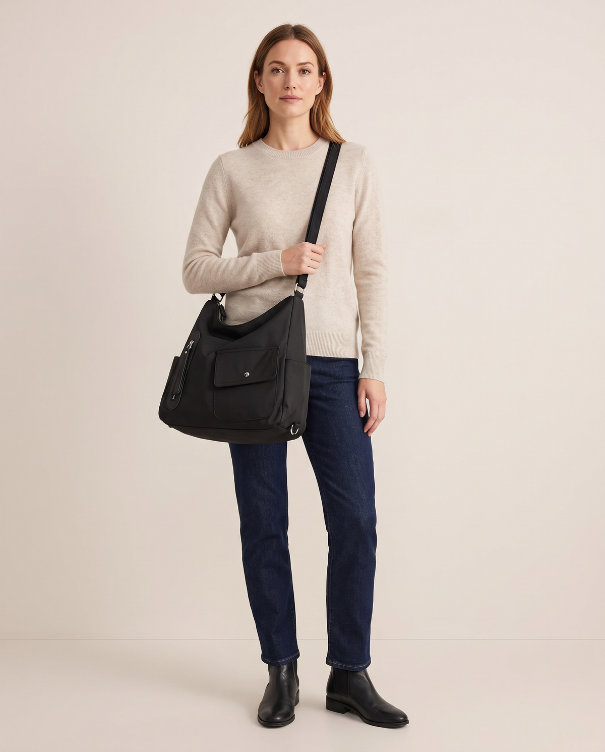 Women's Convertible Shoulder Bag, Crossbody Backpack Purse — black, studio front, worn crossbody
