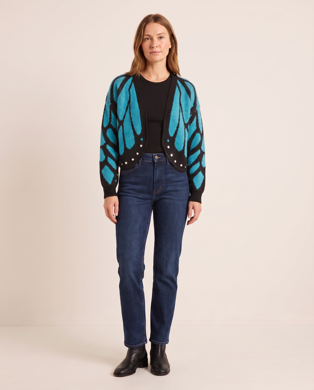 Women's Cropped Butterfly Wing Cardigan — light blue, studio front
