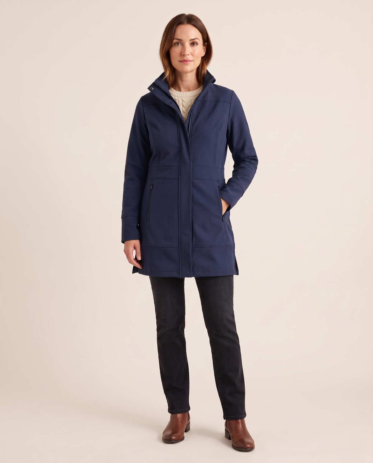 Women's Long Jacket with Detachable Hood — navy, studio front