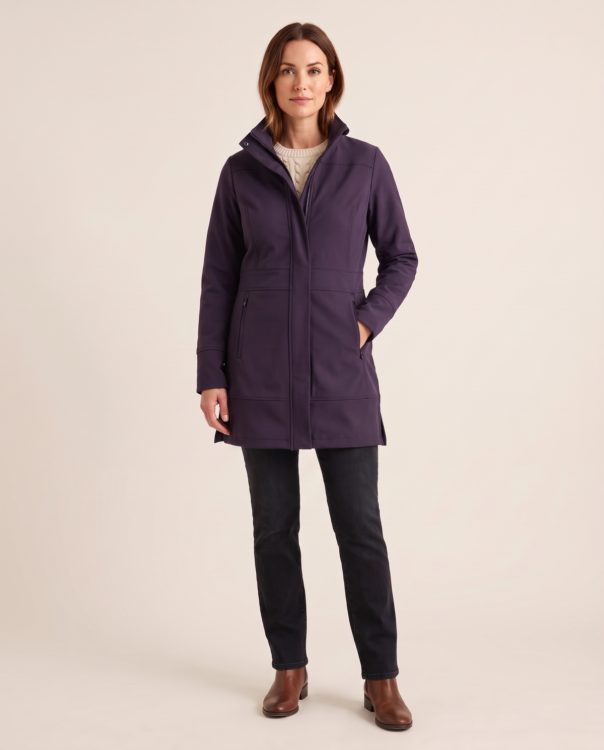 Women's Long Jacket with Detachable Hood — plum, studio front