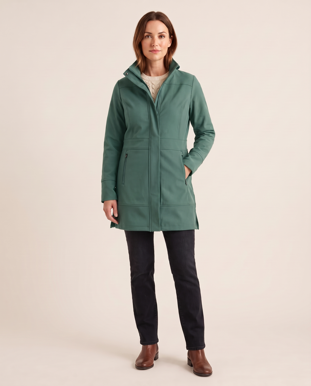 Women's Long Jacket with Detachable Hood — jade green, studio front