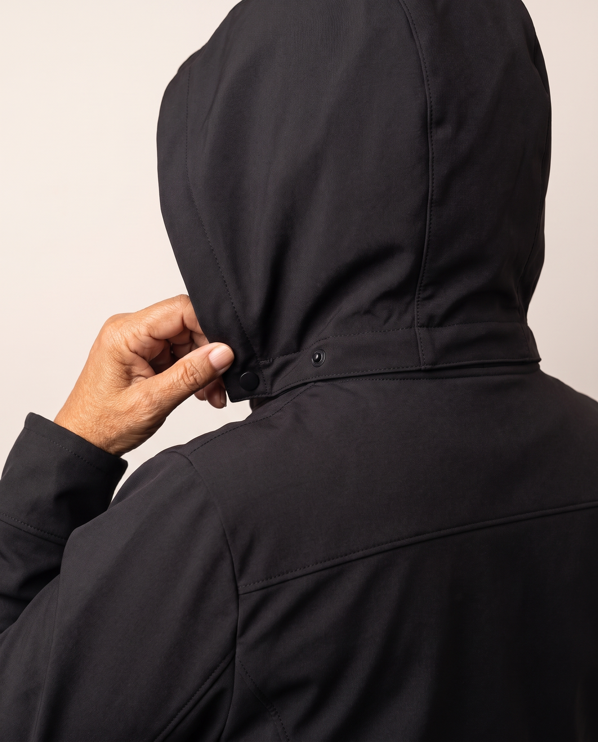 Women's Long Jacket with Detachable Hood — snap-on hood detail