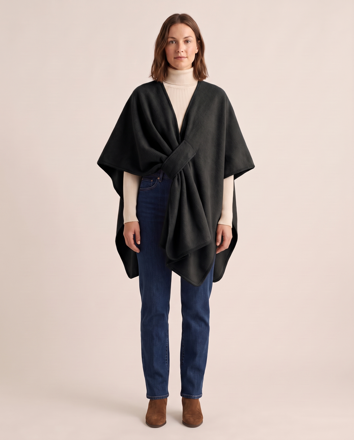 Women's Fleece Shawl Wrap in Black — studio front