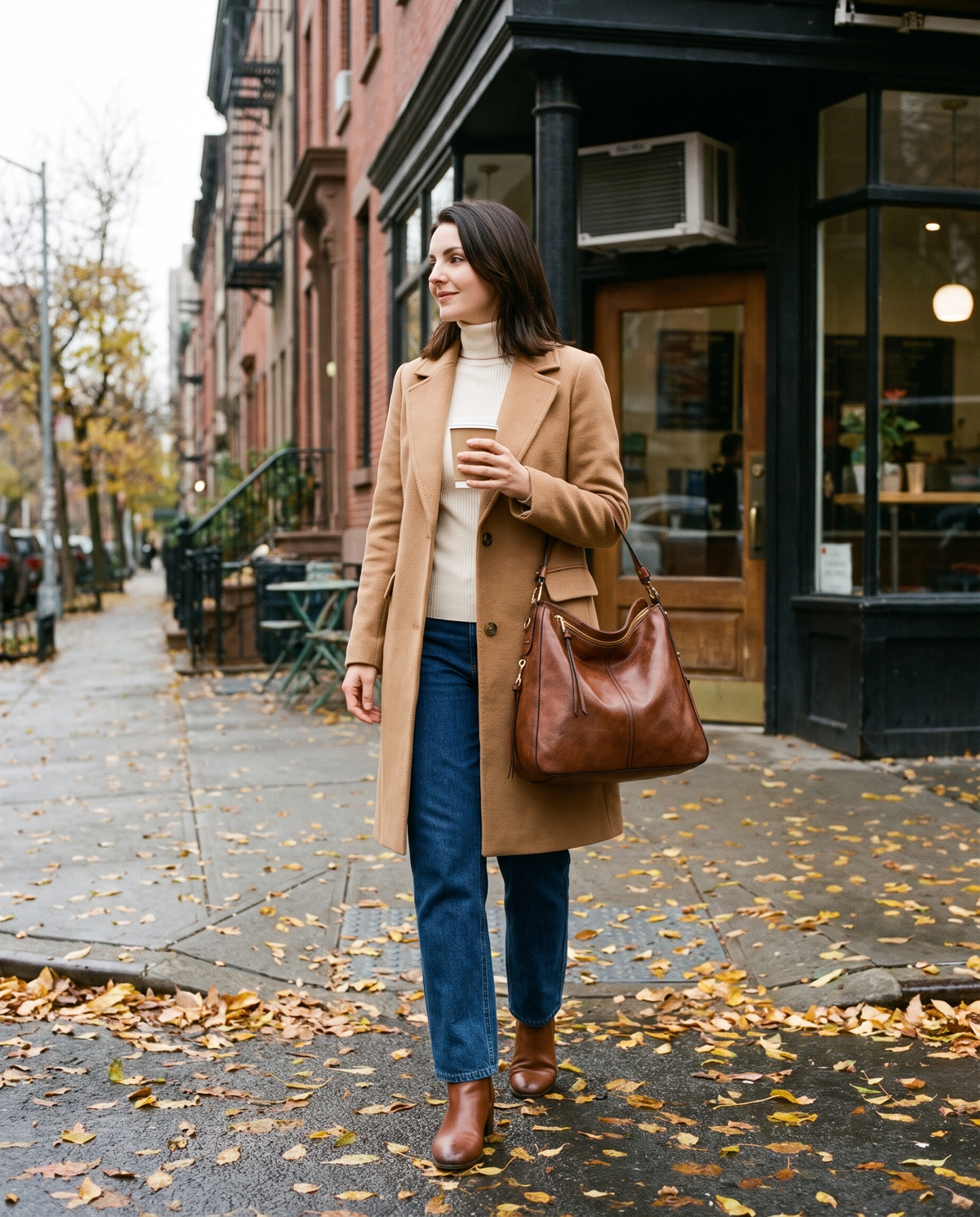 Women's Hobo Bag Purse in dark sienna worn on the shoulder on a New York coffee run in autumn