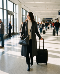 Women's Hobo Bag Purse in galaxy black worn crossbody while traveling through an airport