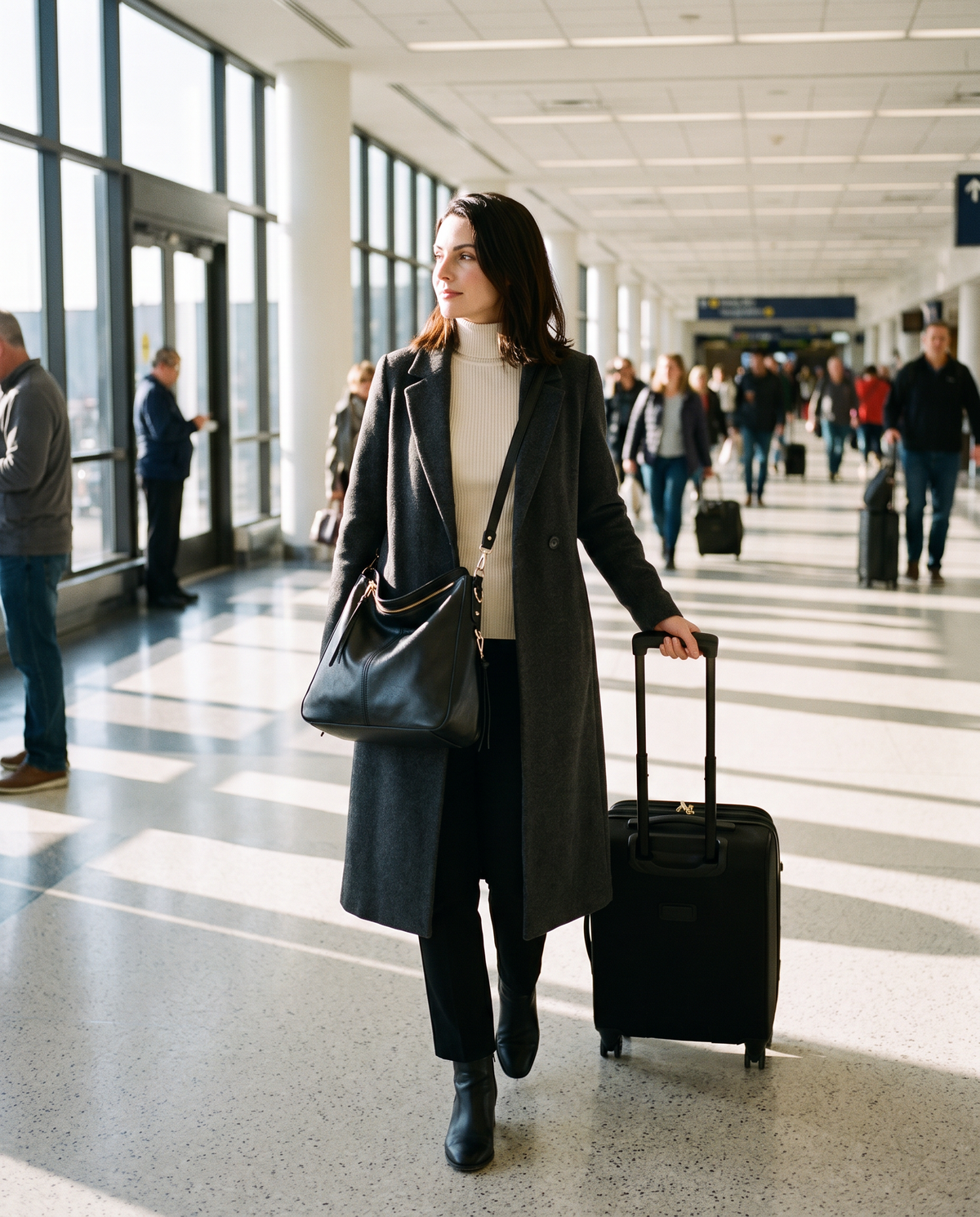 Women's Hobo Bag Purse in galaxy black worn crossbody while traveling through an airport