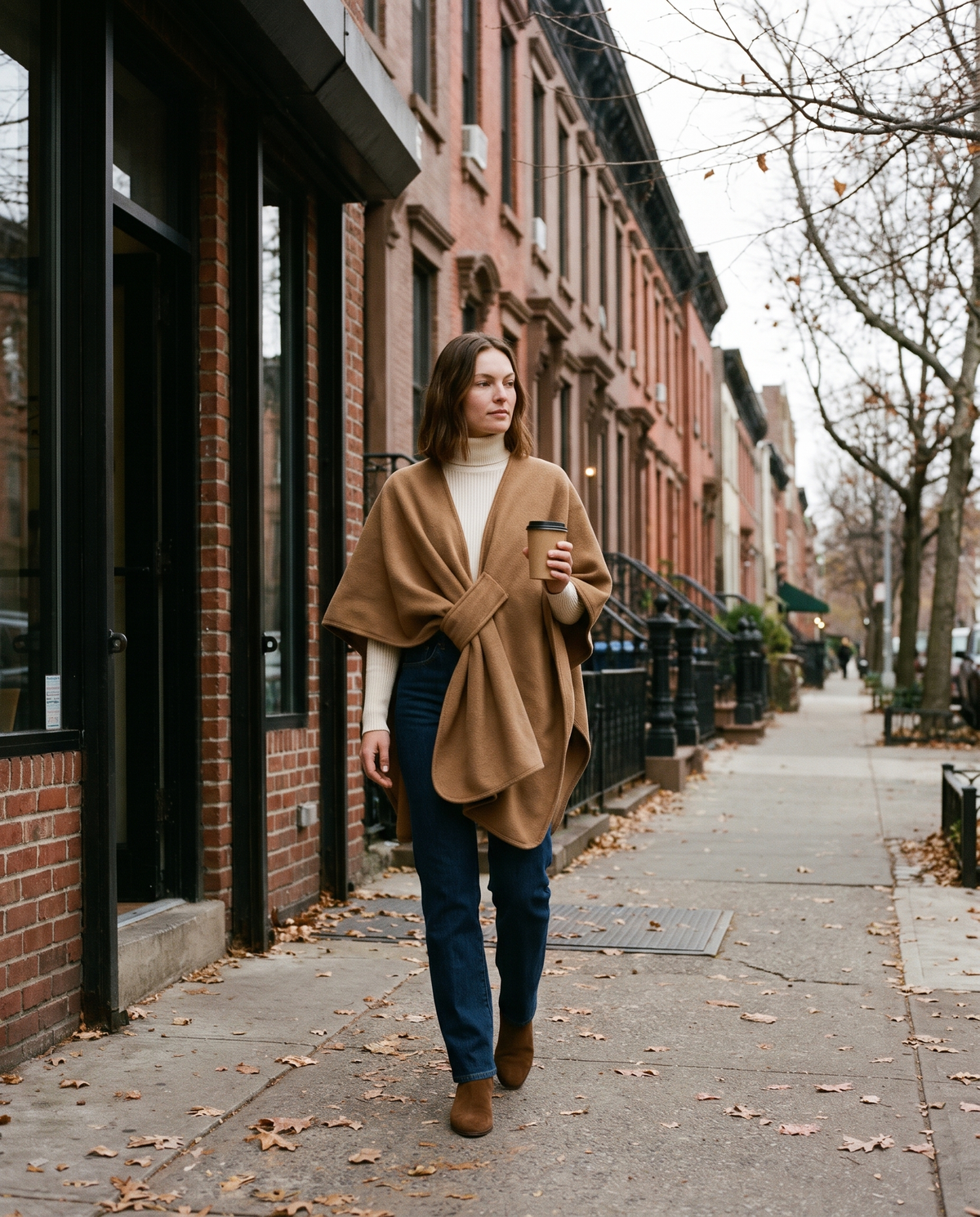 Camel fleece shawl wrap worn on a Brooklyn sidewalk with a morning coffee in late autumn
