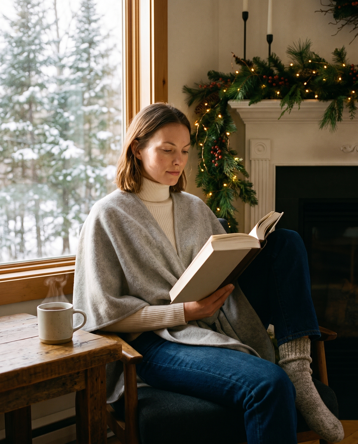 Light gray fleece shawl wrap worn while reading by the window in a snowy cabin