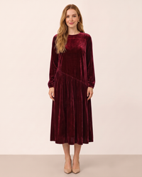 Women's Velvet Midi Dress, Long Sleeve — mulberry wine, studio front