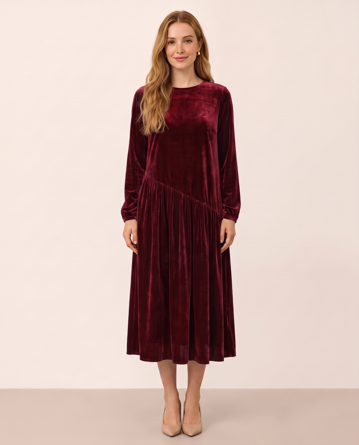 Women's Velvet Midi Dress, Long Sleeve — mulberry wine, studio front