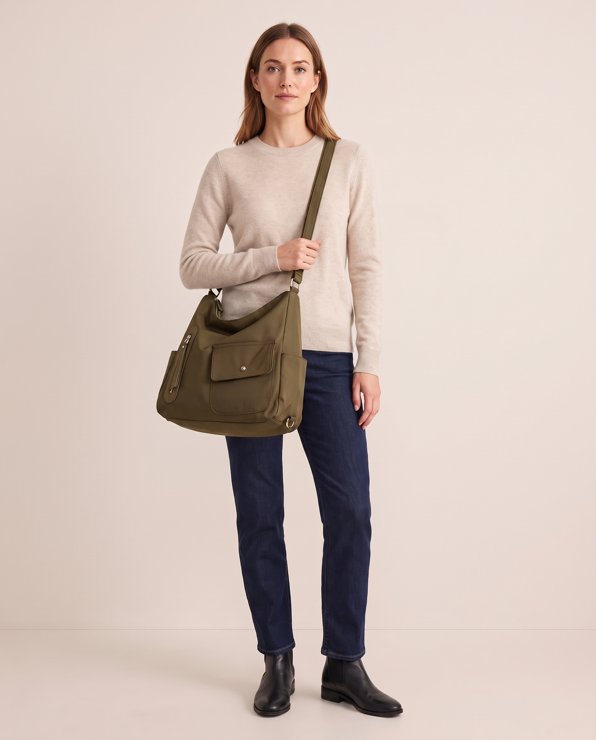Women's Convertible Shoulder Bag, Crossbody Backpack Purse — olive brown, studio front
