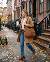 Women's Convertible Shoulder Bag, Crossbody Backpack Purse — cognac brown worn as a shoulder bag on a New York coffee run in autumn