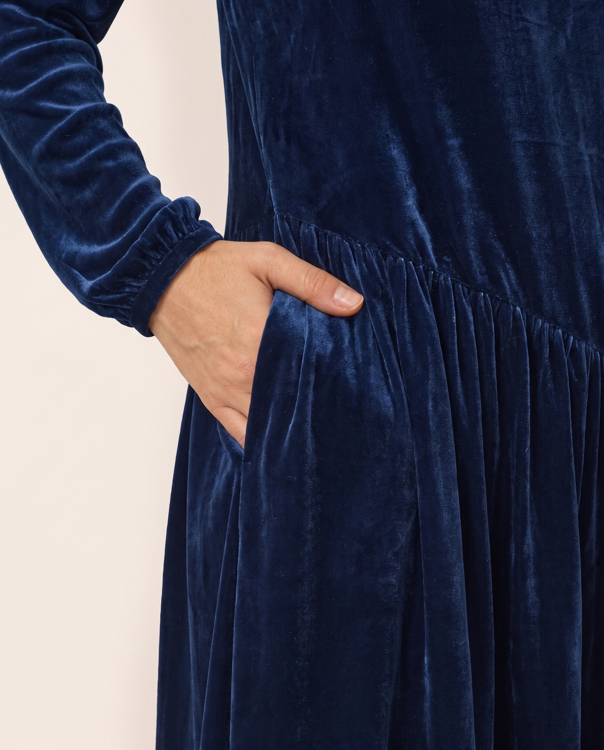 Women's Velvet Midi Dress, Long Sleeve — velvet, side pocket, cuff and draped seam detail