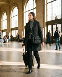Women's Convertible Shoulder Bag, Crossbody Backpack Purse — black worn crossbody while traveling through a train station