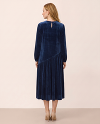 Women's Velvet Midi Dress, Long Sleeve — studio back with keyhole button