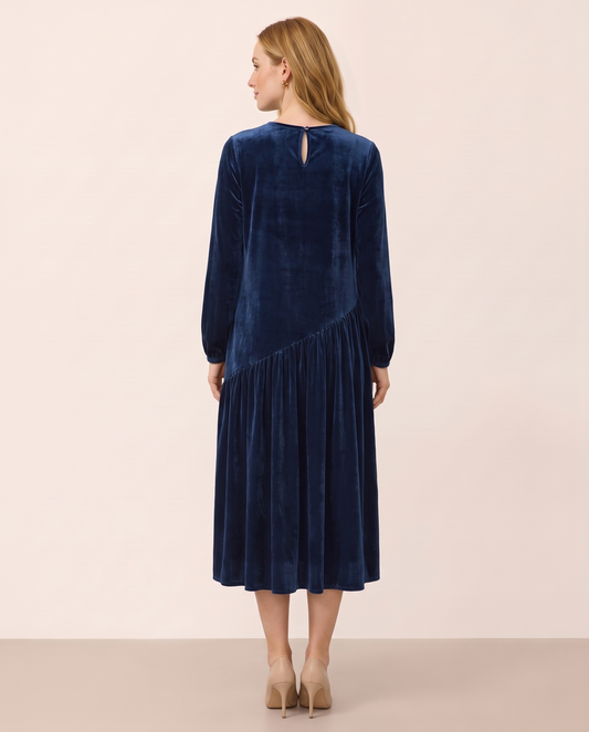 Women's Velvet Midi Dress, Long Sleeve — studio back with keyhole button