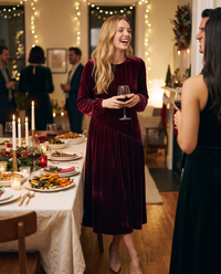 Women's Velvet Midi Dress, Long Sleeve — mulberry wine, worn at a holiday dinner party in Brooklyn