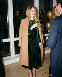 Women's Velvet Midi Dress, Long Sleeve — emerald green, worn at a New Year's Eve party in Manhattan