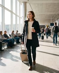 Women's Long Jacket with Detachable Hood — black, worn walking through an airport terminal with a carry-on