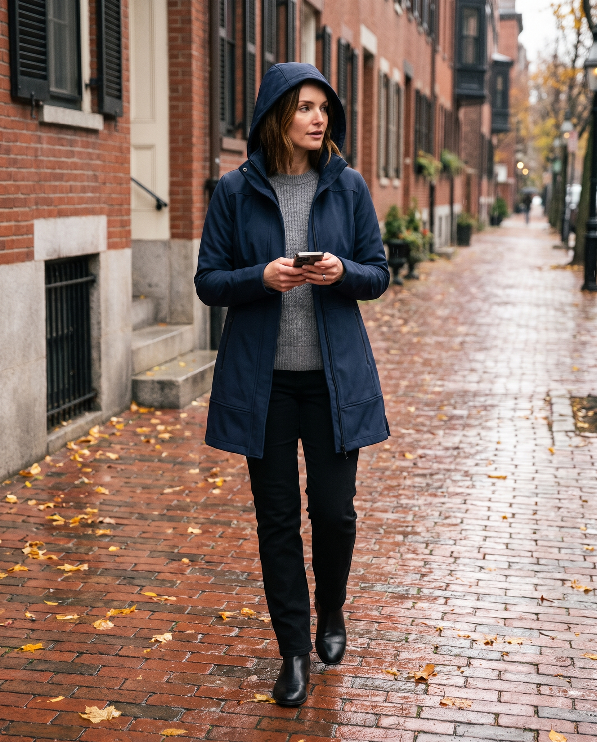 Women's Long Jacket with Detachable Hood — navy, hood up on a rainy Boston street in autumn