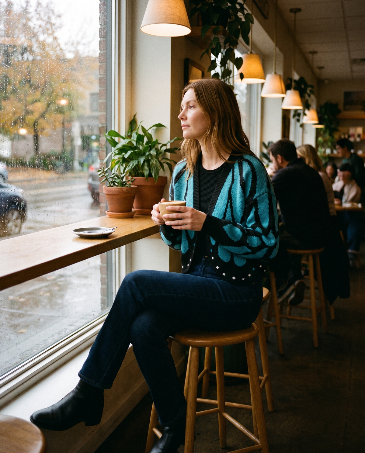 Women's Cropped Butterfly Wing Cardigan — light blue, worn in a coffee shop on a rainy fall afternoon