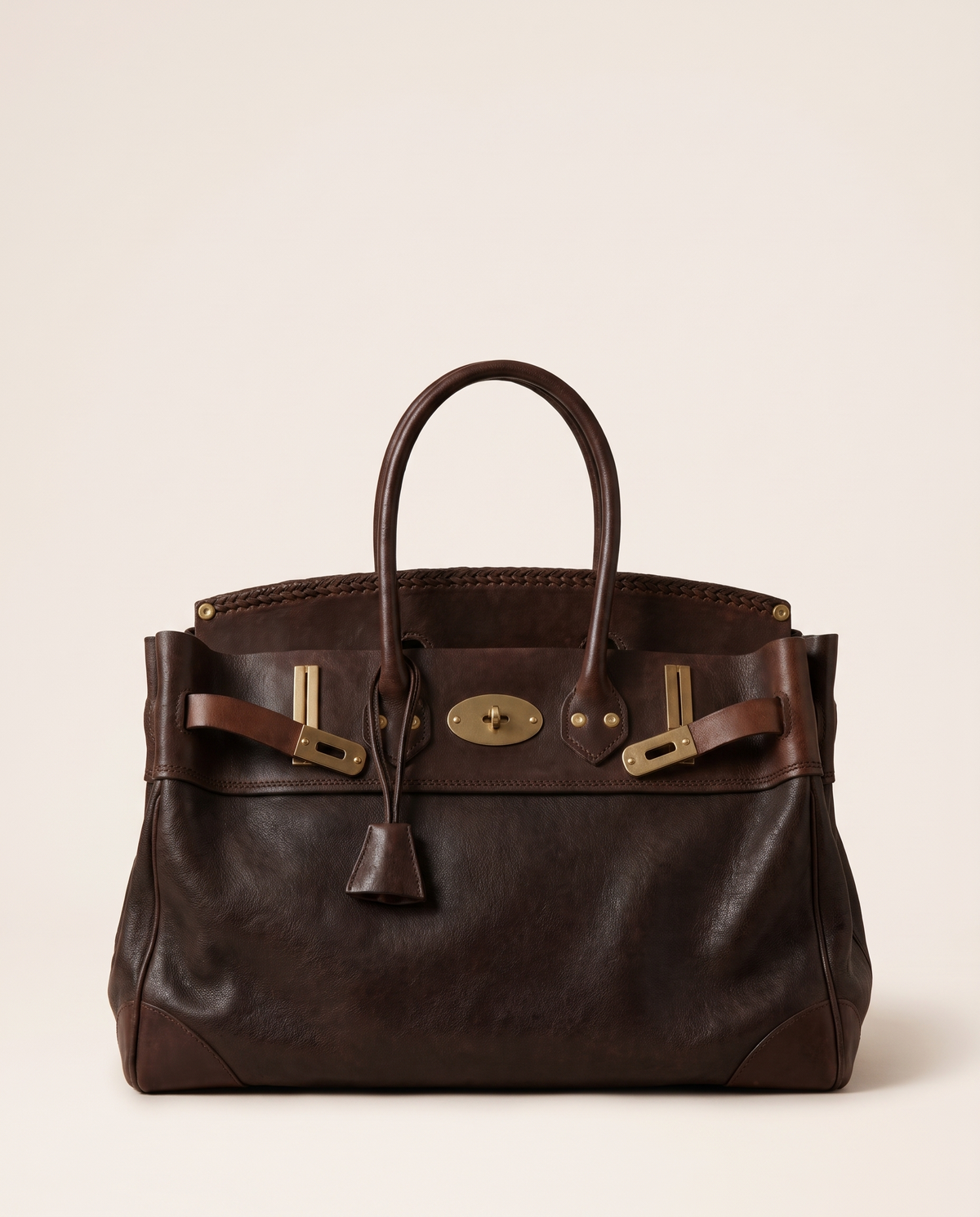 Women's Top Handle Tote Bag, Leather & Canvas Satchel Handbag — chocolate leather, studio front