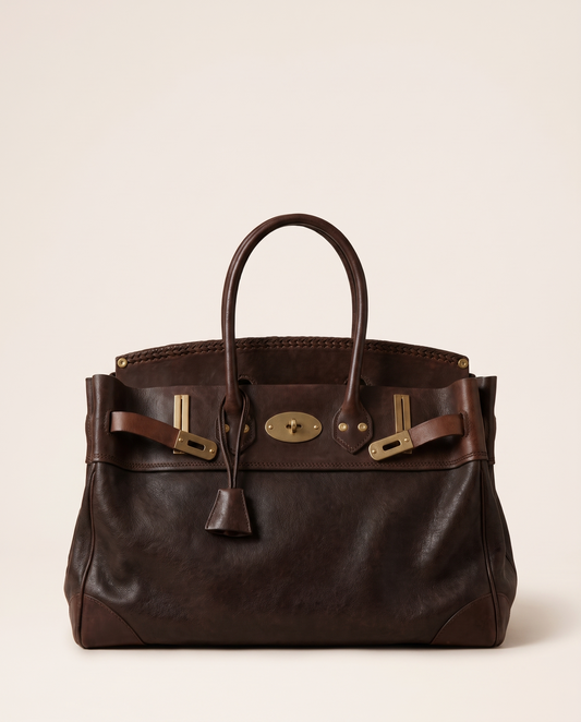 Women's Top Handle Tote Bag, Leather & Canvas Satchel Handbag — chocolate leather, studio front