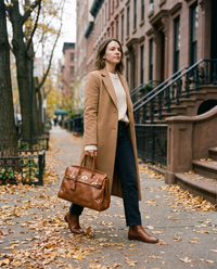 Women's Top Handle Tote Bag, Leather & Canvas Satchel Handbag — cognac leather carried by the top handles on a New York brownstone street in autumn