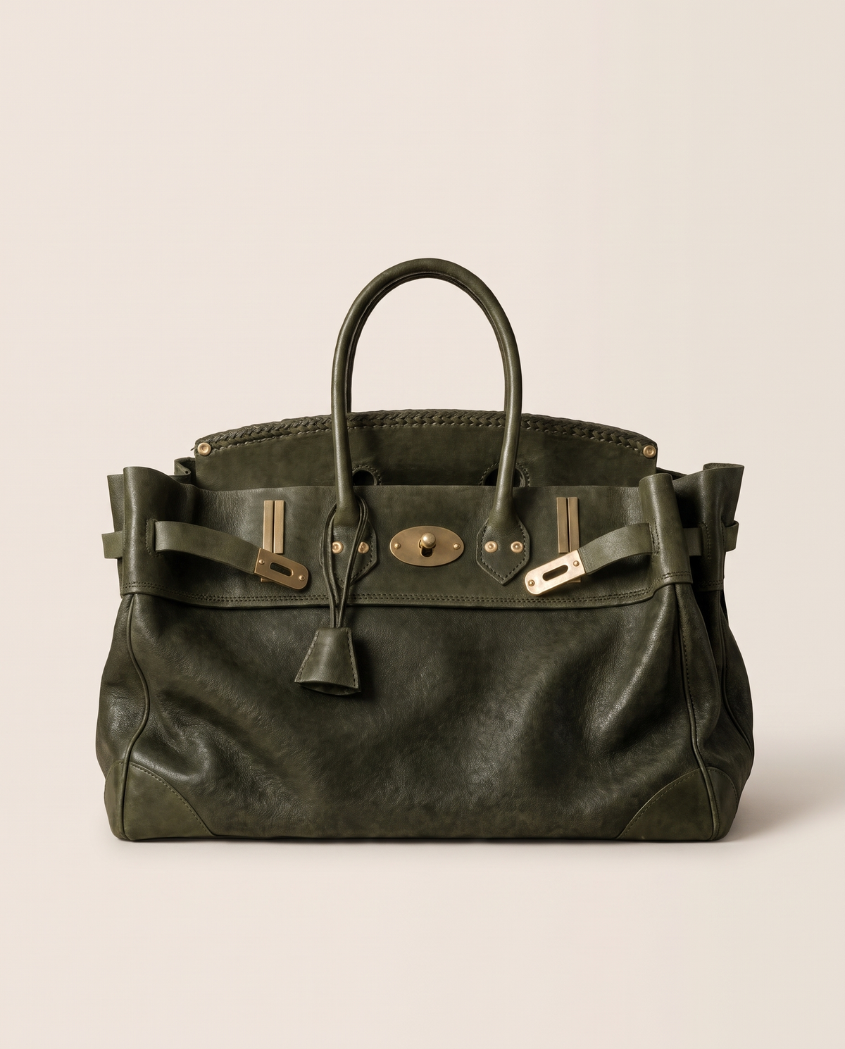 Women's Top Handle Tote Bag, Leather & Canvas Satchel Handbag — olive leather, studio front