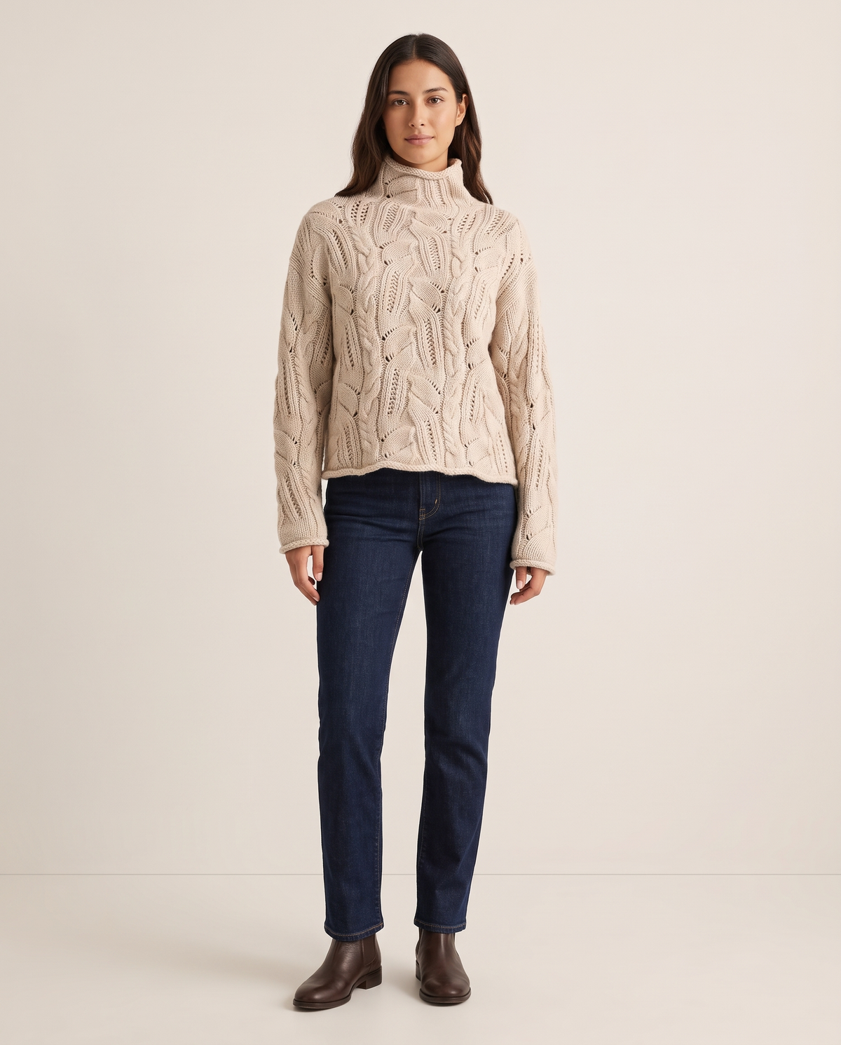 Women's Cashmere Blend Turtleneck Sweater, Open Cable Knit — beige, studio front
