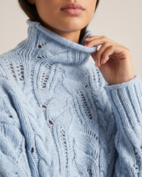 Women's Cashmere Blend Turtleneck Sweater, Open Cable Knit — close-up of the open cable knit and rolled mock neck