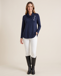 Women's Asymmetric Cowl Neck Top — navy blue, studio front