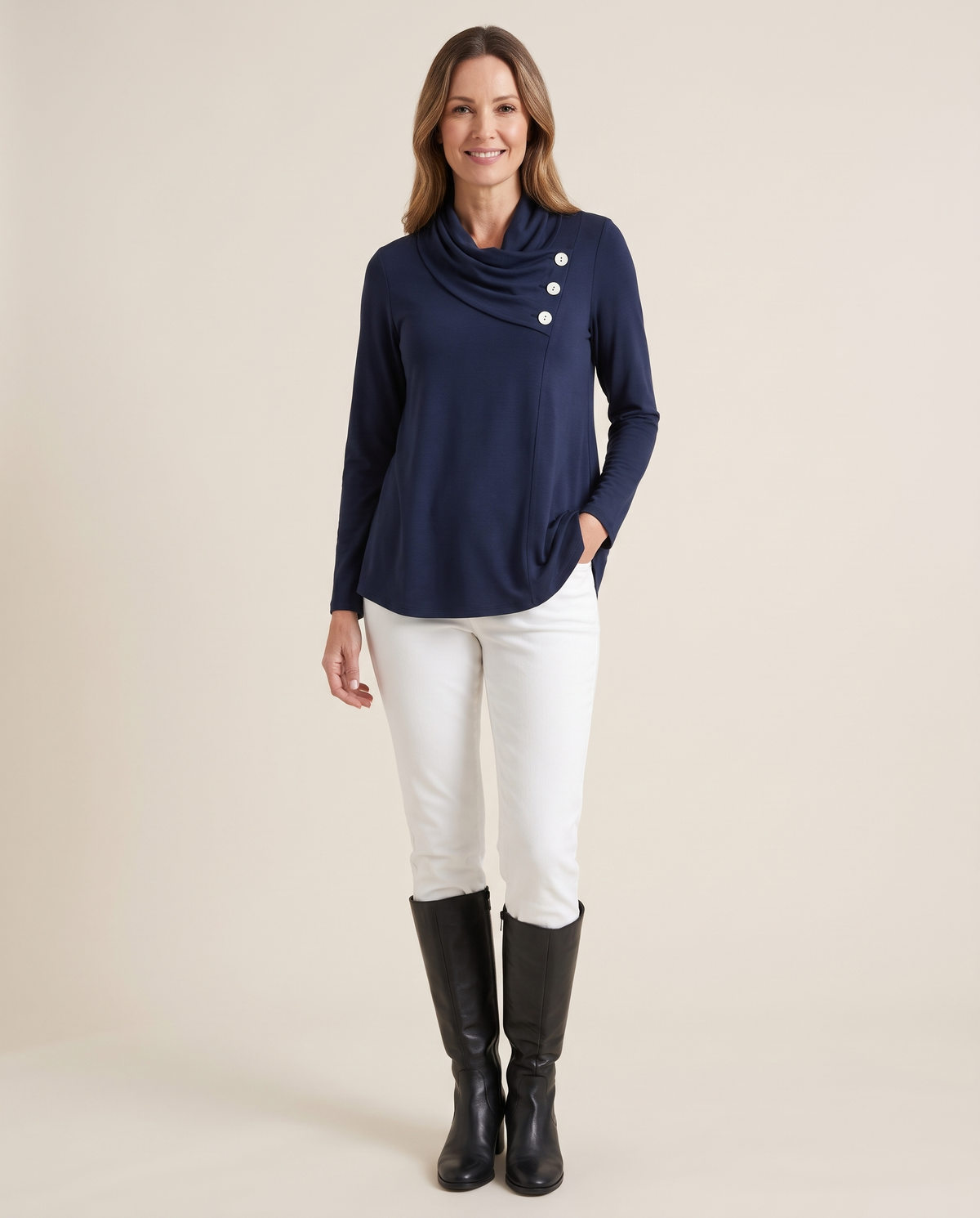 Women's Asymmetric Cowl Neck Top — navy blue, studio front