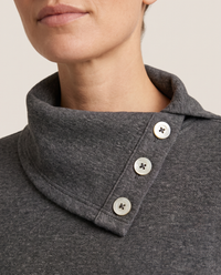 Women's Asymmetric Cowl Neck Top — close-up of cowl collar, three buttons and heathered knit