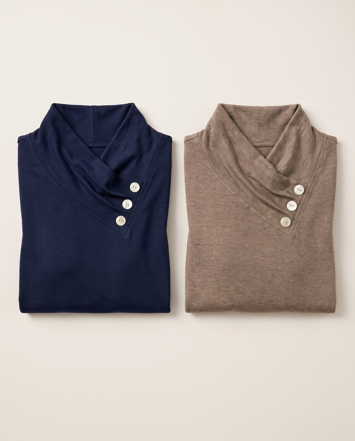 Women's Asymmetric Cowl Neck Top 2-pack — navy blue and khaki, folded side by side