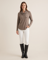 Women's Asymmetric Cowl Neck Top — khaki, studio front