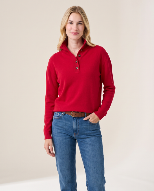 Women's Cashmere Stand Collar Sweater in Cranberry Red, studio front