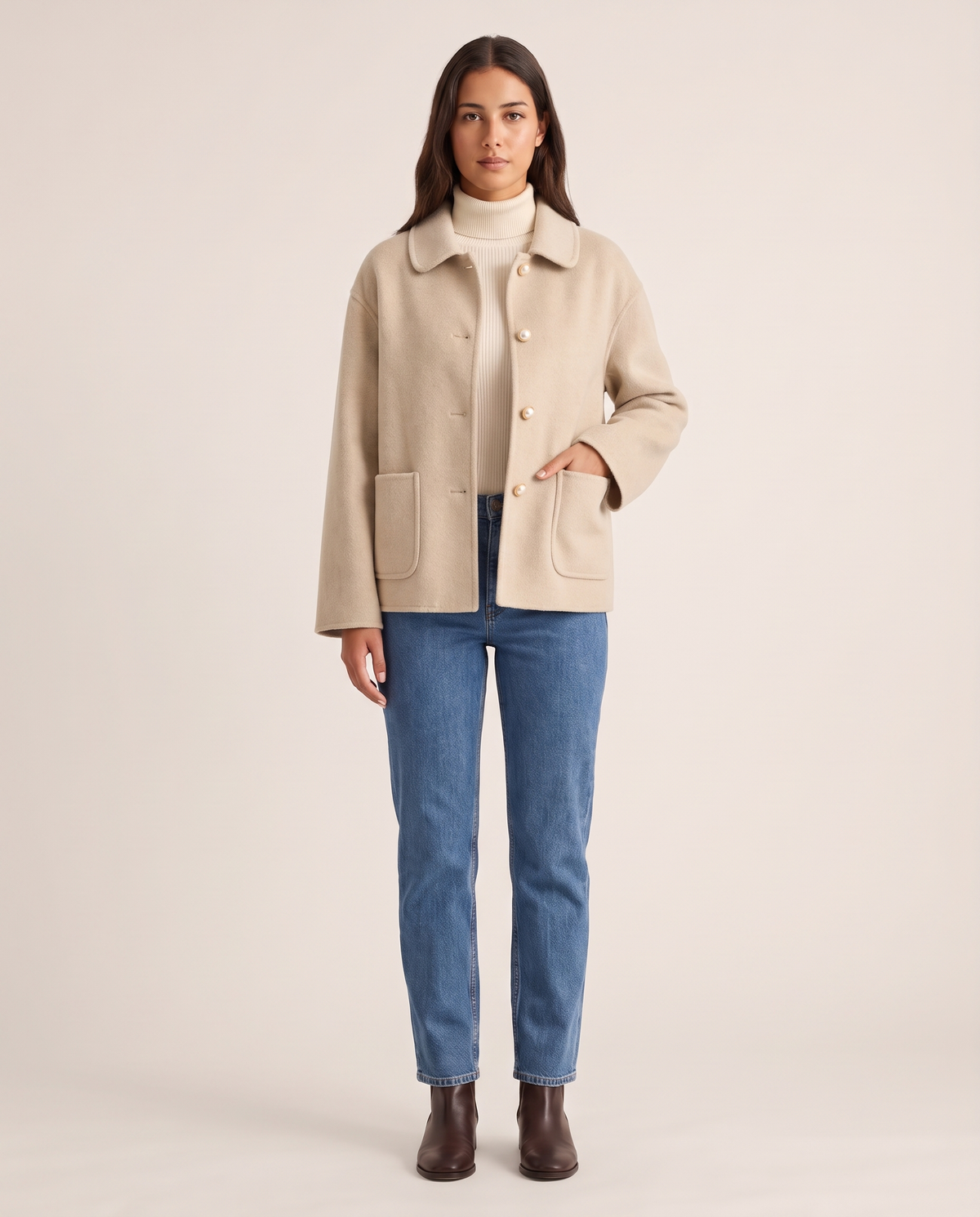 Women's Cropped Cashmere Coat in beige — studio front