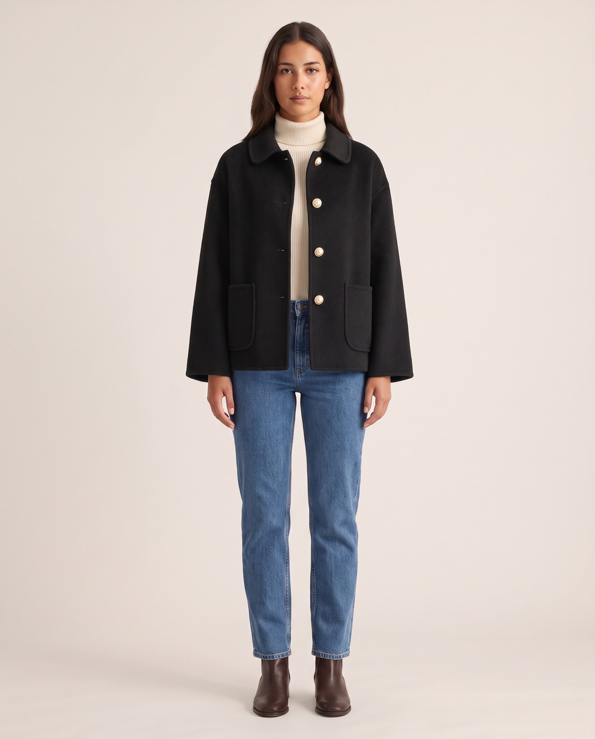 Women's Cropped Cashmere Coat in black — studio front