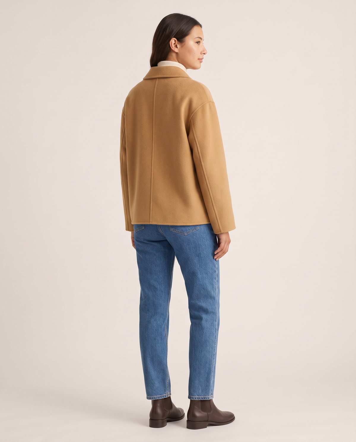 Women's Cropped Cashmere Coat in camel — studio back view